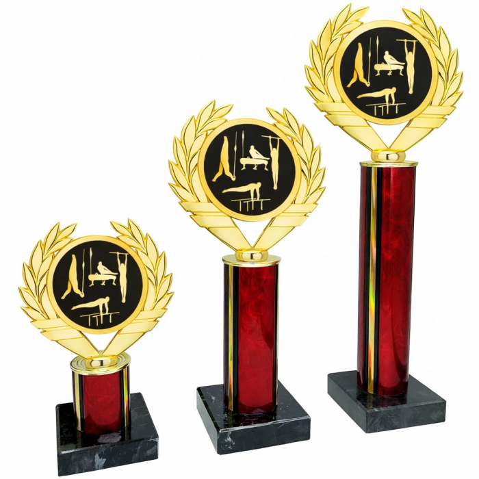 RED MALE GYMNASTIC COLUMN TROPHY WITH MODERN ACRYCLIC CENTRE MOUNTED ON PLASTIC LAUREL LEAF - 3 SIZES